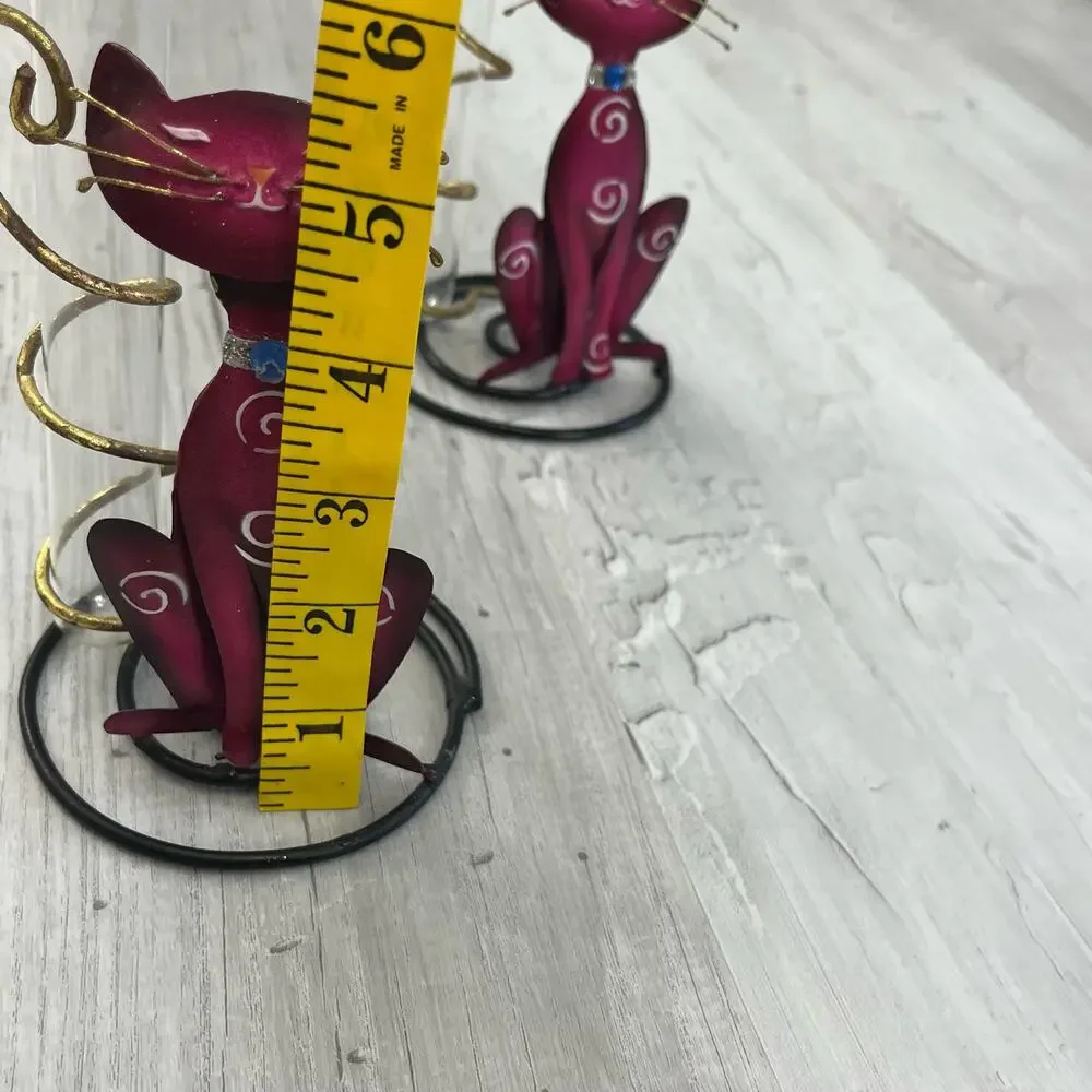 Vintage Metal Glass Whimsical Pink Swirl Cat Test Tube Bud Vase Set